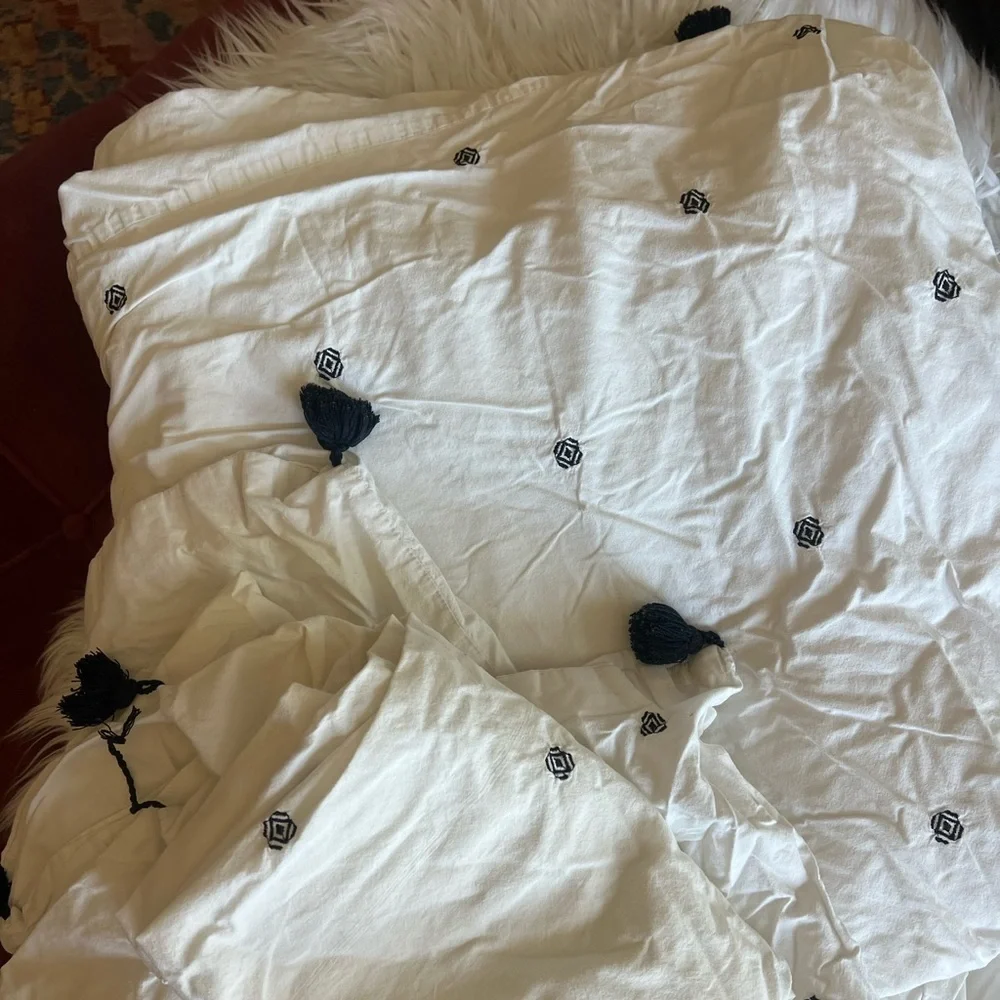 IKEA RÄVTÖREL Duvet Cover Set Queen White Black Tassel Bedding Boho Embroidered